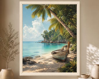 Estampado de playa tropical, barco de madera, paisaje marino con palmeras (descarga digital)