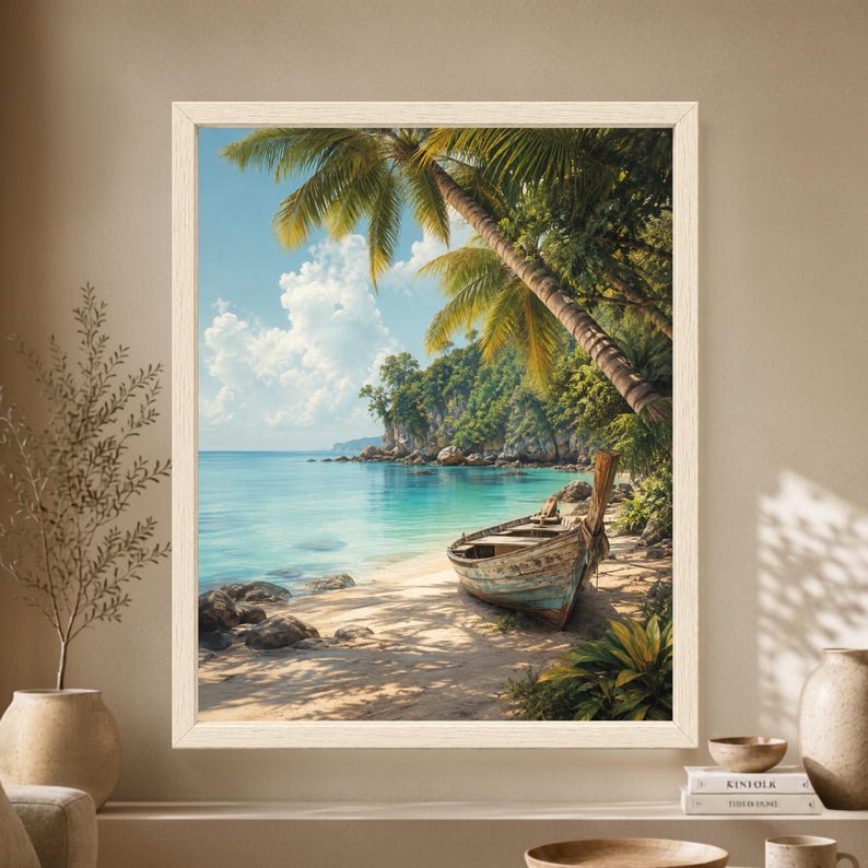 Framed tropical beach wall art showing a weathered wooden boat beneath palm trees on a sandy shore beside clear turquoise water, tropical greenery and a rocky island cove.