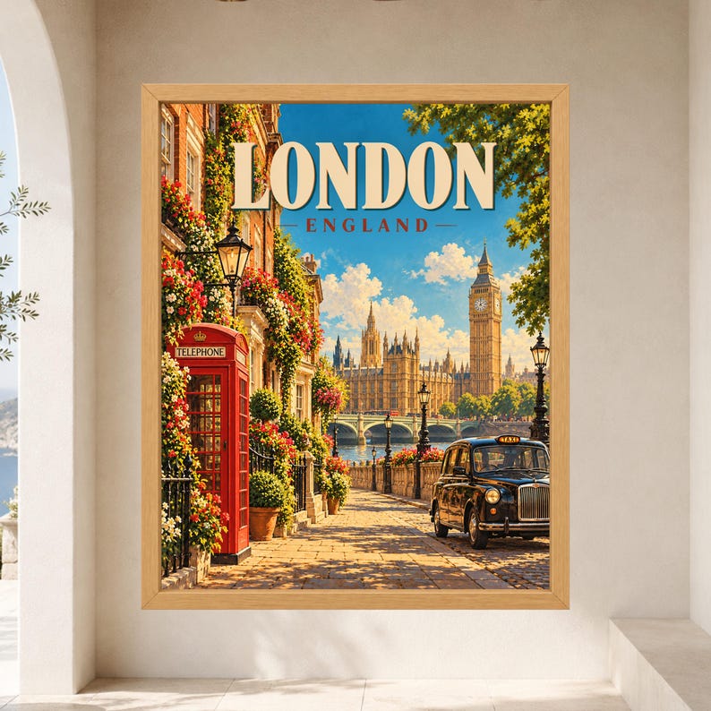 May include: A framed wall art print featuring a London, England cityscape. The scene includes a red telephone booth, a black taxi cab, and the Big Ben clock tower under a blue sky. The text LONDON ENGLAND is printed in large beige letters at the top.