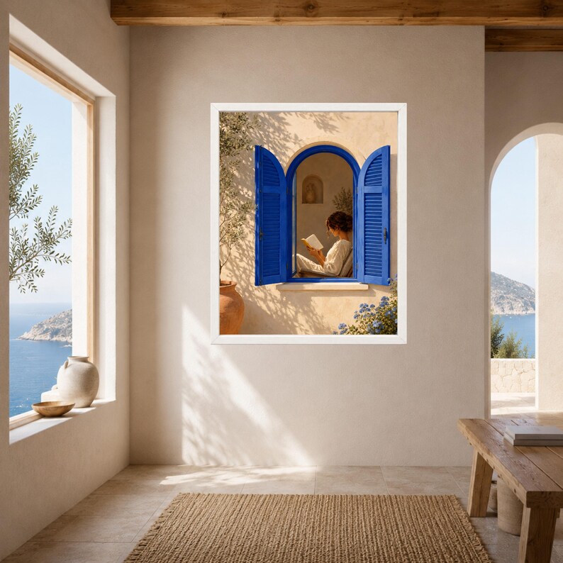 May include: A framed wall art print featuring a Mediterranean scene with a person reading a book inside an arched window with bright blue shutters. The wall is a warm beige tone, and the image includes shadows of olive tree branches.