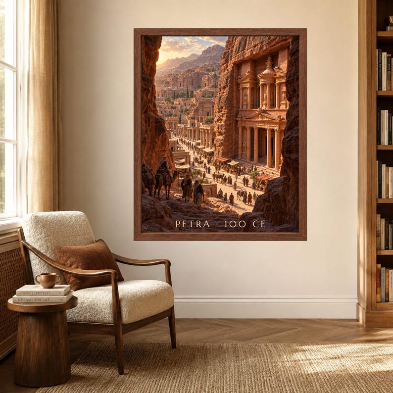 May include: A framed wall art print depicting the ancient city of Petra with carved stone architecture, desert cliffs, and figures with camels in a marketplace setting. The text PETRA 100 CE is printed in white at the bottom of the image.