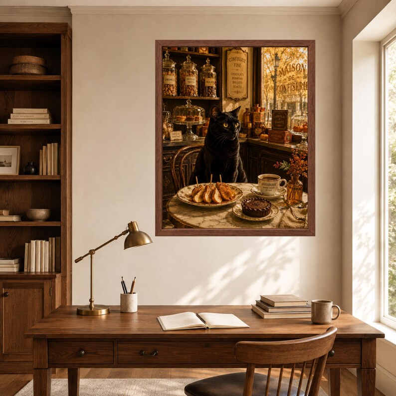 May include: A framed wall art print depicting a black cat sitting at a round table in a confectionery shop. The table holds a plate of pastries, a small chocolate tart, and a cup of coffee. The background shows shelves of glass jars.