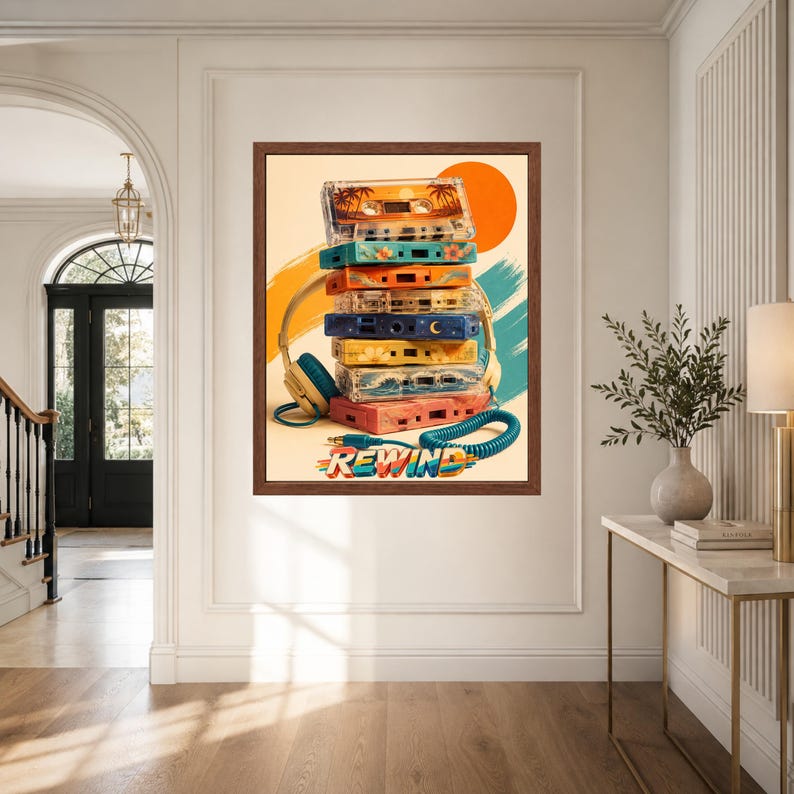 Puede incluir: Una l&aacute;mina de arte enmarcada que muestra una pila vertical de cintas de casete de colores con auriculares y un cable azul en espiral. La obra incluye un gr&aacute;fico de atardecer y la palabra REWIND en letras grandes y coloridas en la parte inferior.