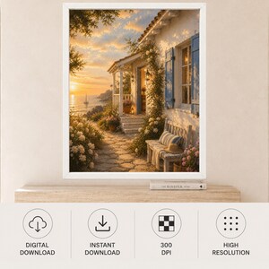 May include: A framed digital art print depicting a white Mediterranean-style cottage with blue shutters, a stone path, and climbing roses. The scene features a sunset over the ocean with a sailboat in the distance and a wooden bench on the porch.
