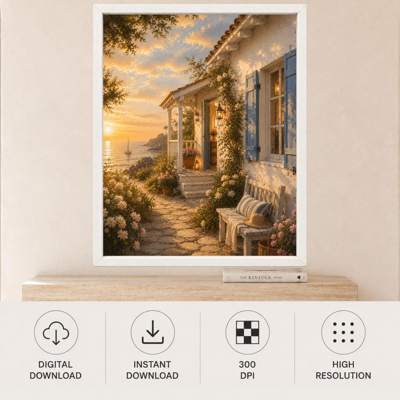 May include: A framed digital art print depicting a white Mediterranean-style cottage with blue shutters, a stone path, and climbing roses. The scene features a sunset over the ocean with a sailboat in the distance and a wooden bench on the porch.