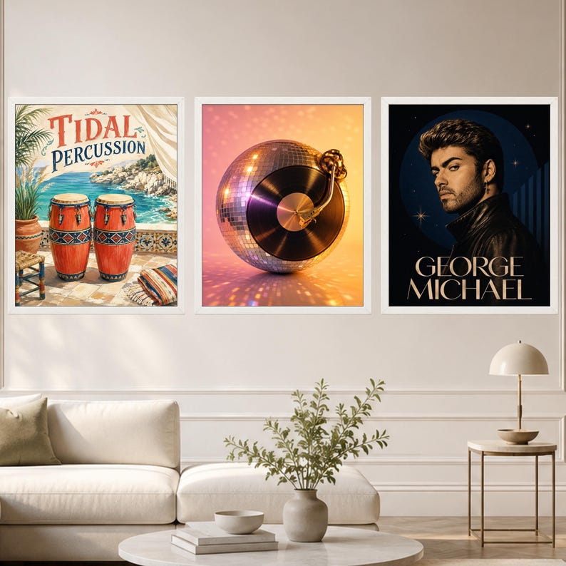 Puede incluir: Tres l&aacute;minas de arte enmarcadas. La l&aacute;mina de la izquierda muestra dos congas naranjas con el texto Tidal Percussion. La central presenta una bola de discoteca con un disco de vinilo en el centro. La de la derecha muestra a George Michael.