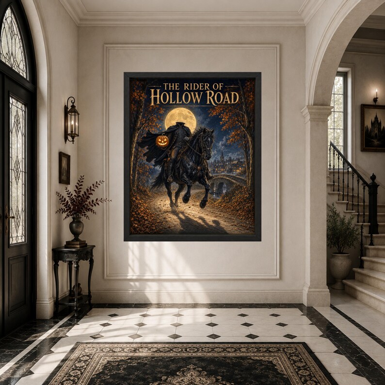 May include: A framed wall art print titled The Rider of Hollow Road, featuring a headless horseman riding a black horse through an autumn forest at night under a full moon, holding a glowing orange jack-o'-lantern in a dark, moody scene.