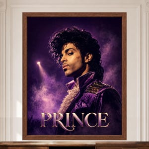 May include: A framed portrait of the musician Prince, featuring a side profile view against a dark purple, smoky background with a spotlight. The subject wears a purple jacket with gold studs and a white ruffled shirt. The word PRINCE is printed below.
