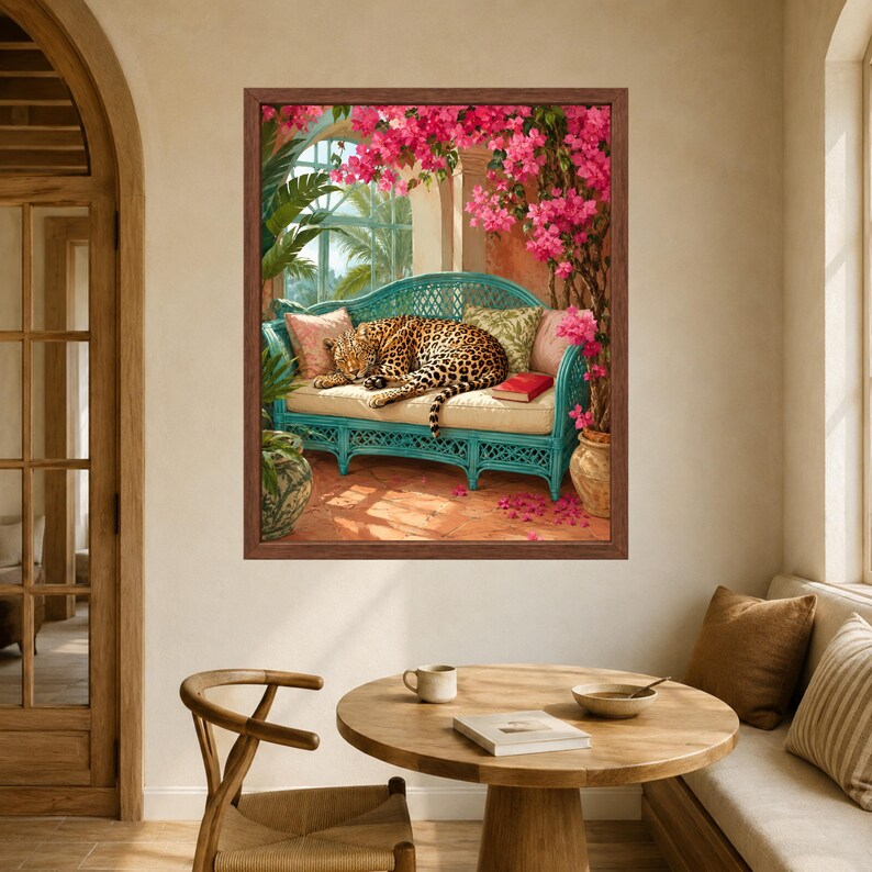 Leopard Wall Art, Tropical Jungle Poster, Big Cat Print, Botanical Boho Decor, Digital Download afbeelding 6