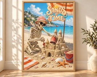 Funny Skeleton Sandcastle Beach Poster, Summer Vacation Art (Digital Download)