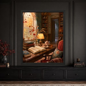 Framed ghost library wall art showing an autumn reading room with an open book, floral tea set, old books and warm lamp light while a pale ghost stands quietly in the doorway.
