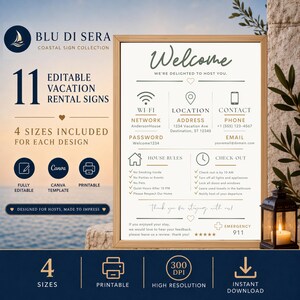 Airbnb welcome sign bundle with 11 editable Canva vacation rental templates featuring WiFi, address, contact details, house rules, checkout and guest review request.