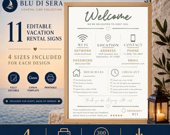 Airbnb Welcome Sign Bundle, 11 Editable Canva Guest Templates with House Rules and Checkout