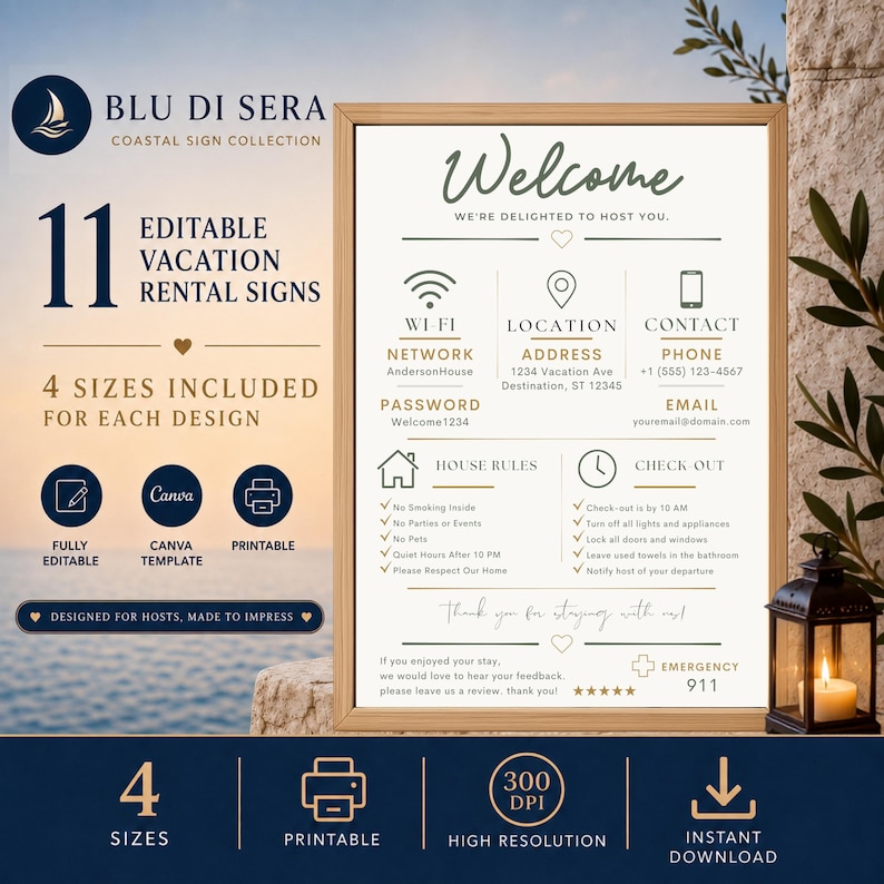 Airbnb welcome sign bundle with 11 editable Canva vacation rental templates featuring WiFi, address, contact details, house rules, checkout and guest review request.