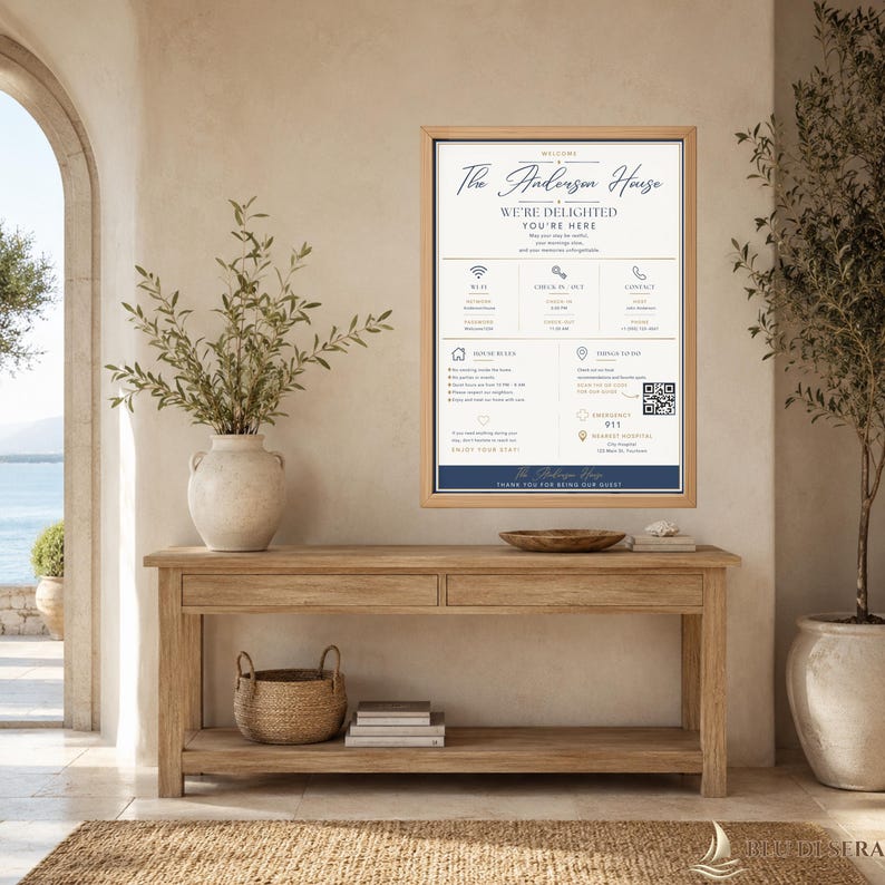 May include: A framed wall sign titled The Anderson House, featuring guest information including Wi-Fi, check-in times, contact details, house rules, and emergency numbers. The sign has a white background with dark blue text and a QR code.