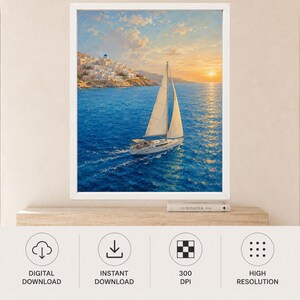 May include: A framed wall art print depicting a white sailboat on deep blue water with a coastal village featuring white buildings and a blue dome in the background under a golden sunset sky with soft clouds and a bright sun on the horizon.