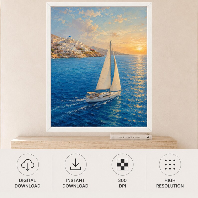 May include: A framed wall art print depicting a white sailboat on deep blue water with a coastal village featuring white buildings and a blue dome in the background under a golden sunset sky with soft clouds and a bright sun on the horizon.