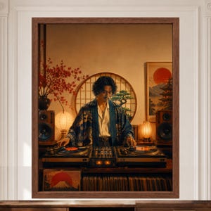 Puede incluir: Una impresi&oacute;n de arte mural enmarcada que muestra a una persona con un kimono azul estampado operando dos tocadiscos y un mezclador. La escena incluye un bons&aacute;i, una ventana redonda, altavoces y una pintura de paisaje japon&eacute;s con un sol rojo.