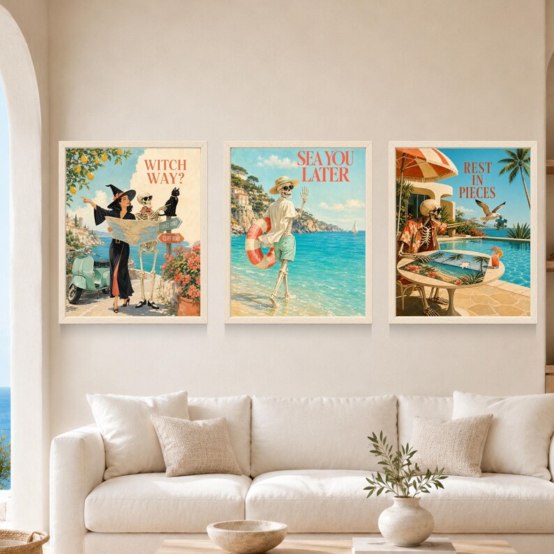 May include: Three framed wall art prints featuring skeleton figures in coastal settings. The first shows a witch and skeleton with the text WITCH WAY?, the second a skeleton with a lifebuoy and SEA YOU LATER, and the third a skeleton with REST IN PIECES.