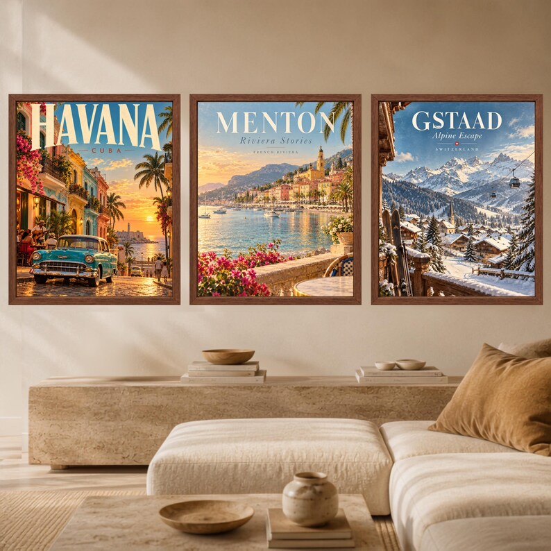 May include: Three framed wall art prints featuring travel scenes. The left print shows a turquoise vintage car in Havana, Cuba. The center print depicts the coastal town of Menton, France. The right print displays a snowy mountain landscape in Gstaad, Switzerland.