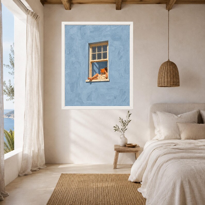 Woman Reading in Window Print, Soft Blue Wall Art, Book Lover Decor (Digital Download) image 5