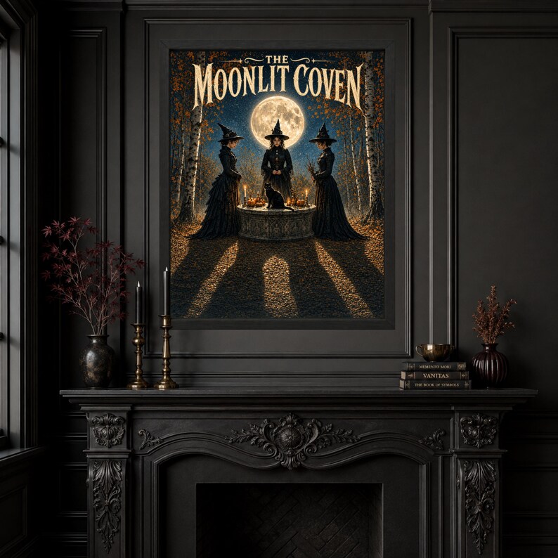 May include: A framed wall art print titled THE MOONLIT COVEN featuring three figures in black witch hats and long dresses standing around a stone altar with a black cat, candles, and a full moon in a forest setting with autumn leaves on the ground.