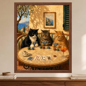 Muurdecoratie met katten die poker spelen, poster met mediterrane katten, decoratie voor de speelkamer, digitale download afbeelding 2