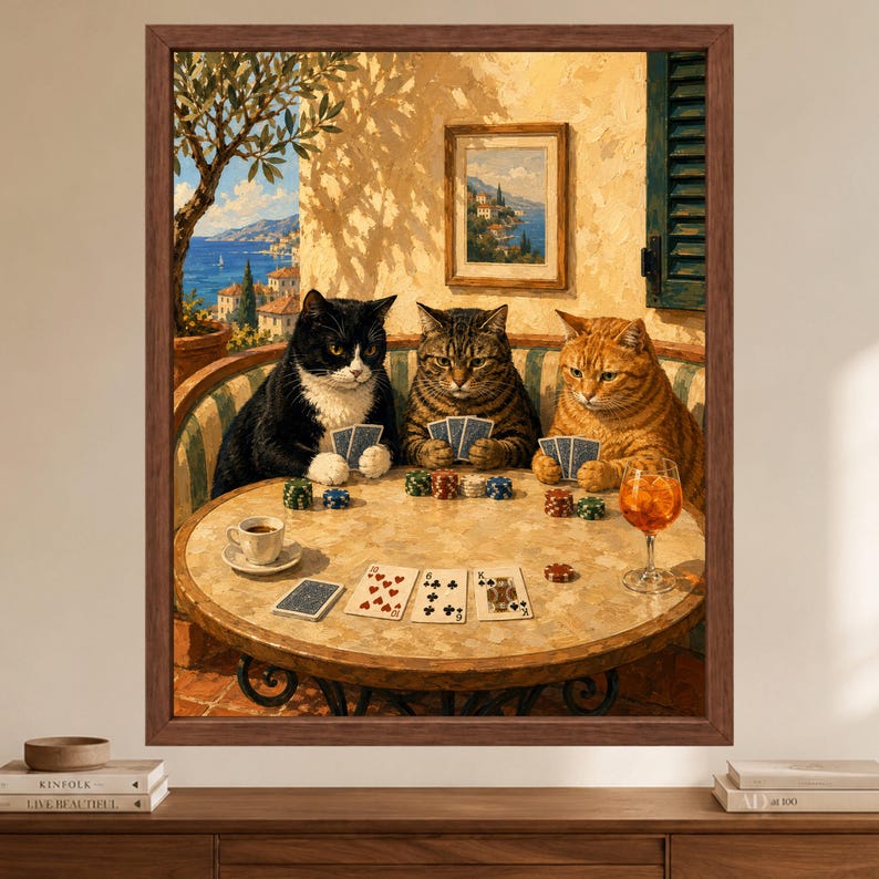 Muurdecoratie met katten die poker spelen, poster met mediterrane katten, decoratie voor de speelkamer, digitale download afbeelding 2