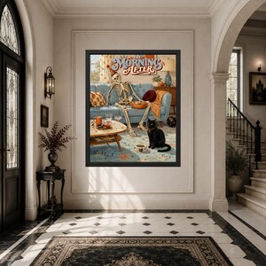 May include: A framed wall art print titled The Morning After, featuring a skeleton wearing a party hat lounging on a blue sofa with a black cat sitting on the floor in front of a coffee table with drinks and a bowl of food in a living room.