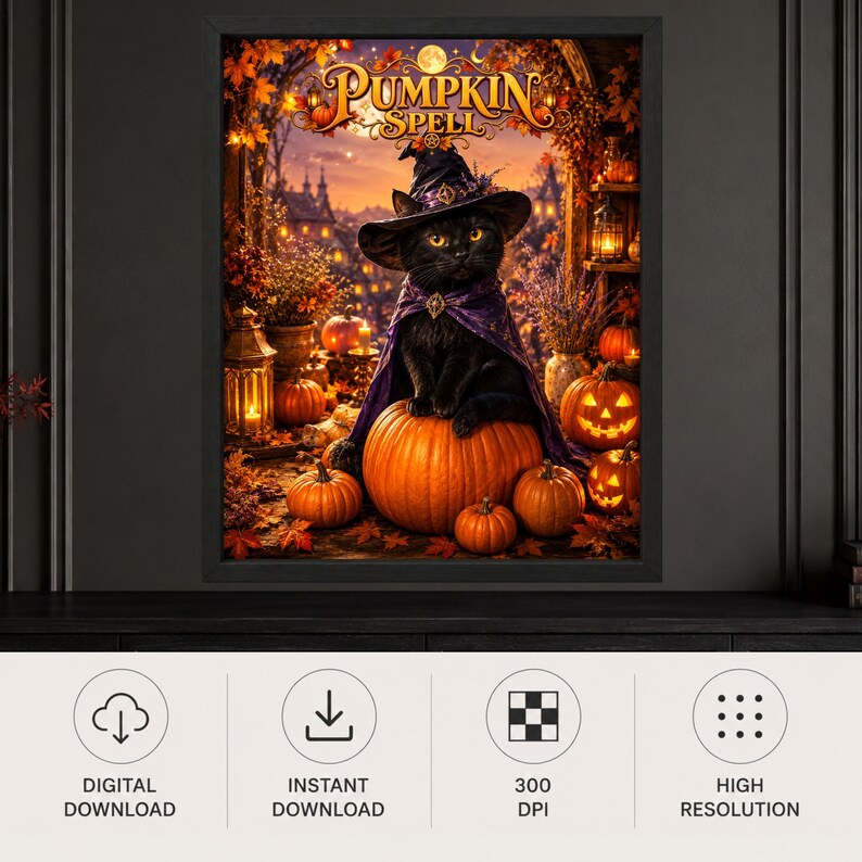 May include: A framed digital art print titled Pumpkin Spell featuring a black cat wearing a purple witch hat and cape, sitting atop a large orange pumpkin. The scene includes glowing jack-o'-lanterns, autumn foliage, and lanterns in a warm, twilight setting.