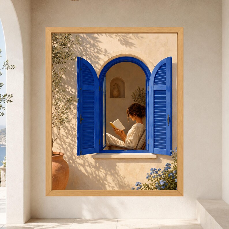 May include: A framed wall art print depicting an arched window with bright blue shutters set into a beige stucco wall. Through the open window, a person in a light-colored garment sits and reads a book. An olive tree and blue flowers are visible.