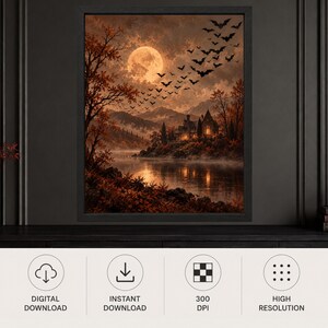 Decoración de pared de casa embrujada, lámina de Halloween con luna llena, paisaje gótico otoñal (descarga digital) imagen 10