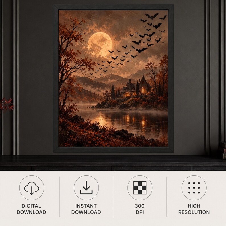 Decoración de pared de casa embrujada, lámina de Halloween con luna llena, paisaje gótico otoñal (descarga digital) imagen 10
