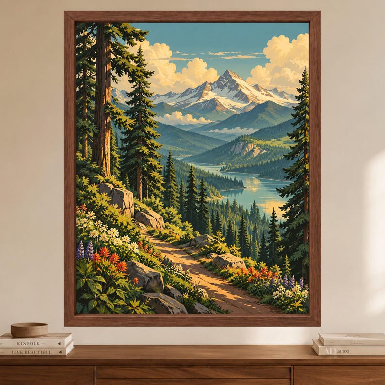 Pode incluir: Uma impress&atilde;o de arte de parede emoldurada retratando uma paisagem de montanha com um caminho de terra sinuoso, &aacute;rvores perenes altas e flores silvestres coloridas em primeiro plano. Um lago calmo fica no vale sob picos cobertos de neve.