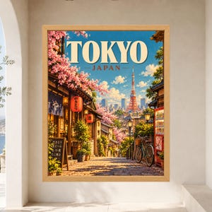 Tokyo Travel Poster, Cherry Blossom Street Scene, Japan City Art (Digital Download) image 8