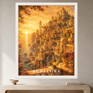 May include: A framed wall art print depicting a coastal city built into cliffs at sunset, bathed in golden light. The scene features intricate architecture, cascading flowers, and sailboats on the water. Text reads: AURELORA City of Eternal Golden Light.