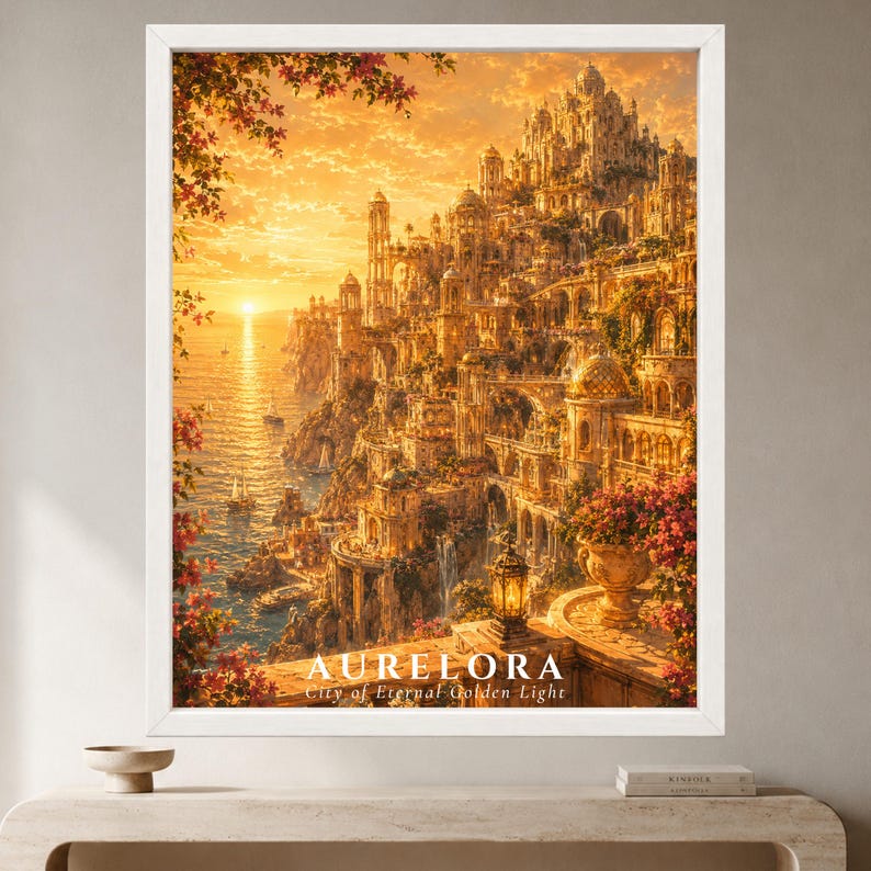 May include: A framed wall art print depicting a coastal city built into cliffs at sunset, bathed in golden light. The scene features intricate architecture, cascading flowers, and sailboats on the water. Text reads: AURELORA City of Eternal Golden Light.