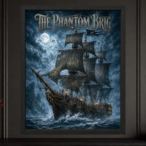 May include: A framed wall art print titled The Phantom Brig, featuring a dark, weathered sailing ship navigating turbulent, choppy ocean waves under a full moon. The sky is filled with dense, stormy clouds, and the ship displays tattered sails.
