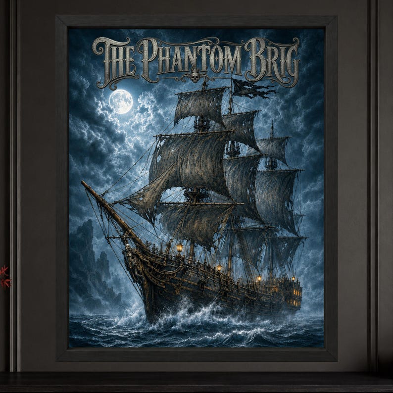May include: A framed wall art print titled The Phantom Brig, featuring a dark, weathered sailing ship navigating turbulent, choppy ocean waves under a full moon. The sky is filled with dense, stormy clouds, and the ship displays tattered sails.