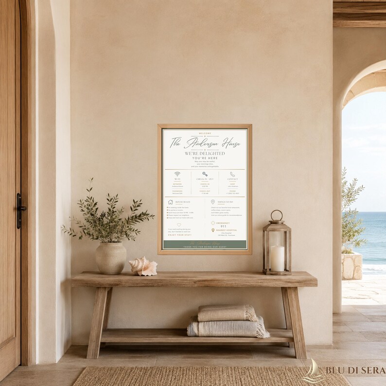 May include: A rectangular framed wall sign with a light background and dark text titled The Anderson House. The sign provides guest information including Wi-Fi, check-in, contact details, house rules, and emergency numbers in a clean layout.