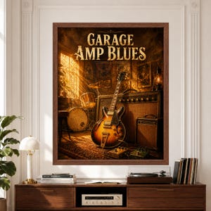 Framed Garage Amp Blues wall art featuring a sunburst semi-hollow electric guitar leaning against vintage amplifiers in a warm rehearsal room with drum kit, guitar pedals, cables and golden window light above a record player console.