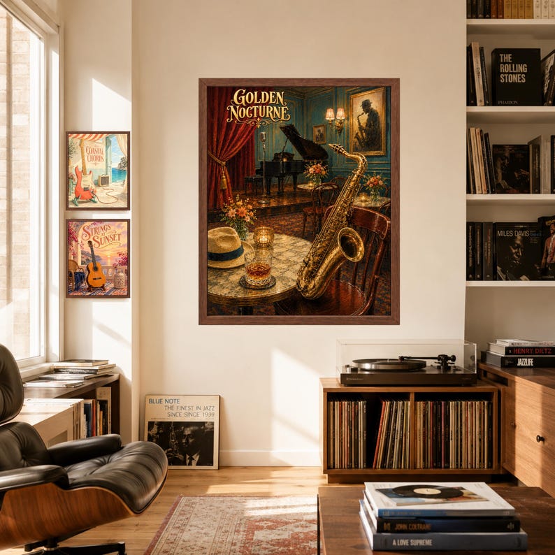 May include: A framed wall art print titled Golden Nocturne featuring a jazz club scene with a gold saxophone, a fedora hat, and a glass of amber liquid on a round table, with a grand piano and red curtains in the background, set in a room.