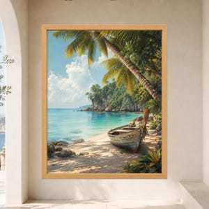 Puede incluir: Una impresi&oacute;n de arte mural enmarcada que representa una escena de playa tropical con un bote de madera desgastado sobre la arena. Una palmera alta se inclina sobre la orilla, con agua turquesa, acantilados rocosos y un cielo azul brillante.