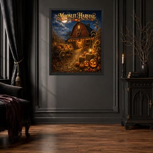 May include: A framed wall art print titled Moonlit Harvest featuring a red barn at night with a wooden wagon, hay bales, and glowing jack-o'-lanterns under a full moon. The scene is illuminated by warm string lights and a lantern in a rural setting.