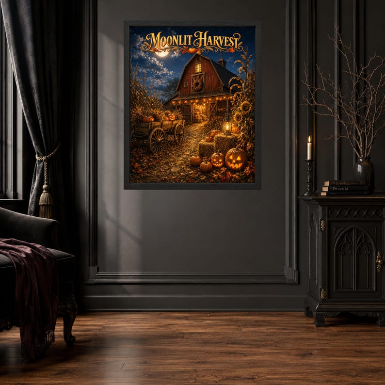 May include: A framed wall art print titled Moonlit Harvest featuring a red barn at night with a wooden wagon, hay bales, and glowing jack-o'-lanterns under a full moon. The scene is illuminated by warm string lights and a lantern in a rural setting.