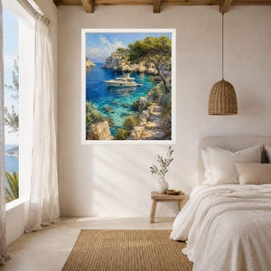 May include: A framed wall art print depicting a white motor yacht anchored in a turquoise Mediterranean cove. The scene features rocky cliffs, lush green trees, and a stone path leading toward the water under a bright blue sky with light clouds.