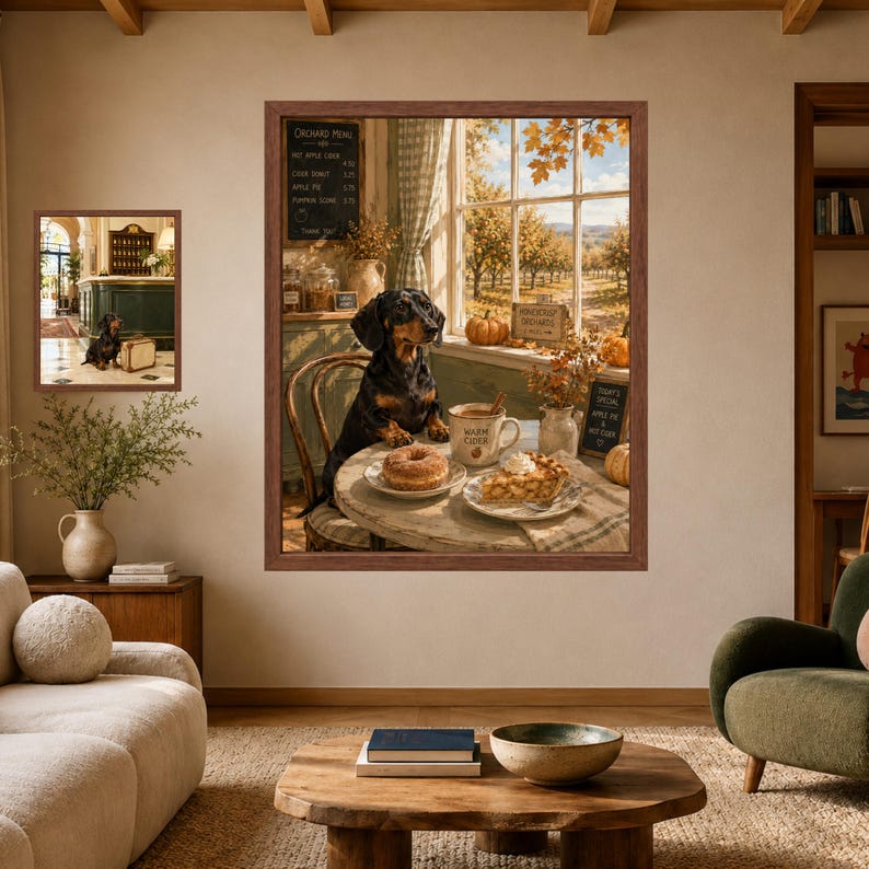May include: A framed wall art print featuring a black and tan dachshund sitting at a round table with a doughnut, a slice of pie, and a mug labelled Warm Cider. The scene is set in an orchard with autumn trees visible through a window in the background.