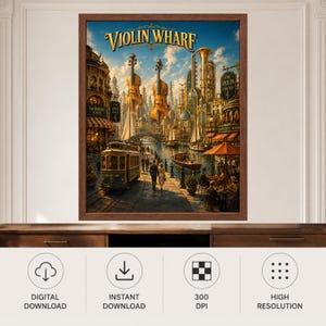 May include: A framed wall art print titled Violin Wharf, depicting a fantasy cityscape with giant floating violins, a vintage tram, boats on a canal, and people walking along a dockside promenade under a blue sky with clouds.