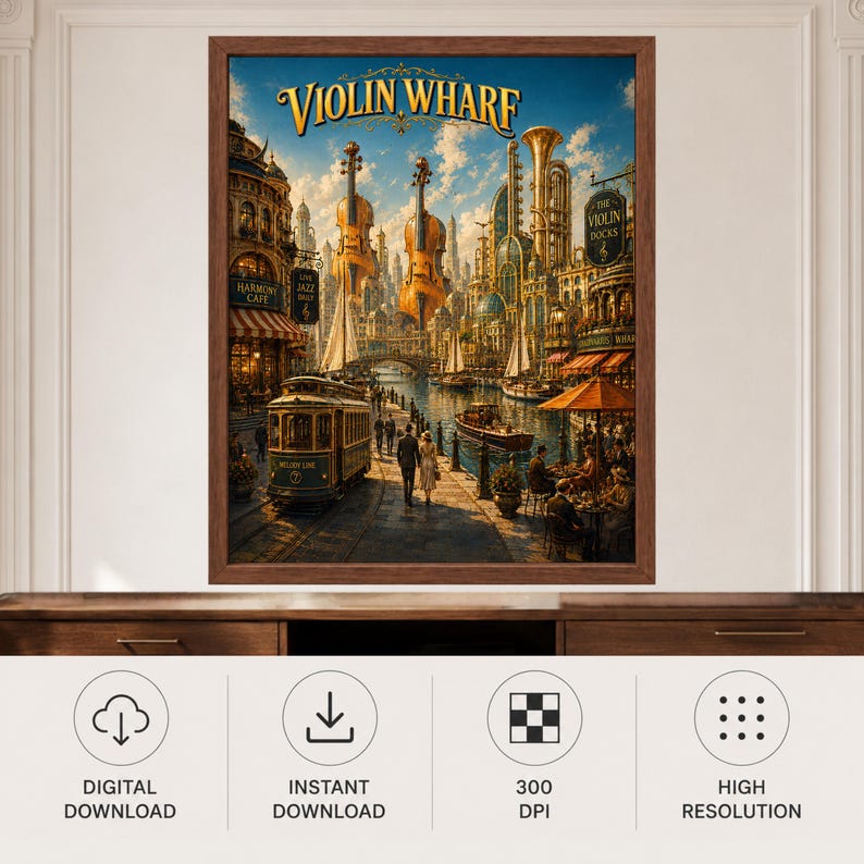 May include: A framed wall art print titled Violin Wharf, depicting a fantasy cityscape with giant floating violins, a vintage tram, boats on a canal, and people walking along a dockside promenade under a blue sky with clouds.