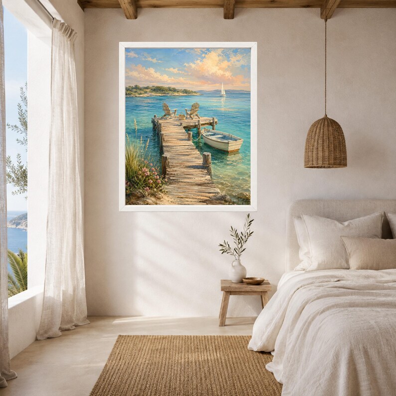 May include: A framed wall art print depicting a wooden pier extending into calm blue water. Two chairs sit on the dock next to a small white rowboat. In the distance, a sailboat is visible under a soft sky with light clouds and warm sunlight.